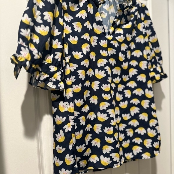 Jade By Melody yellow navy Puff Sleeve blouse summer spring shirt size medium‎ - Picture 3 of 8